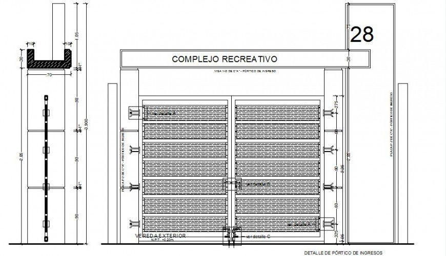 Front elevation portico plan dwg file
