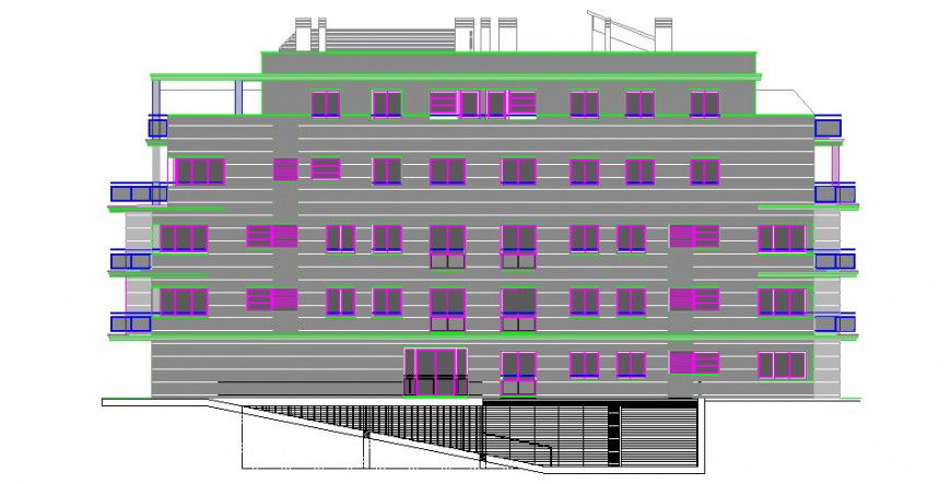 Front elevation with lateral section of multi-family apartment building cad drawing details dwg file