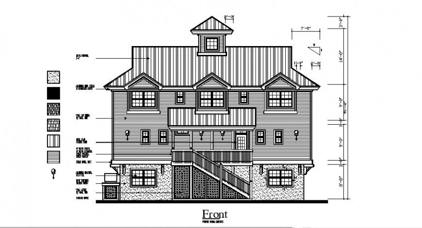 Front facing elevation details of modern one family house dwg file