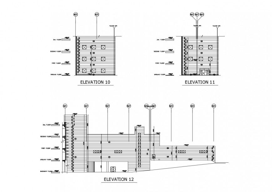 Front main and side cut elevation details of multi-story corporate building dwg file