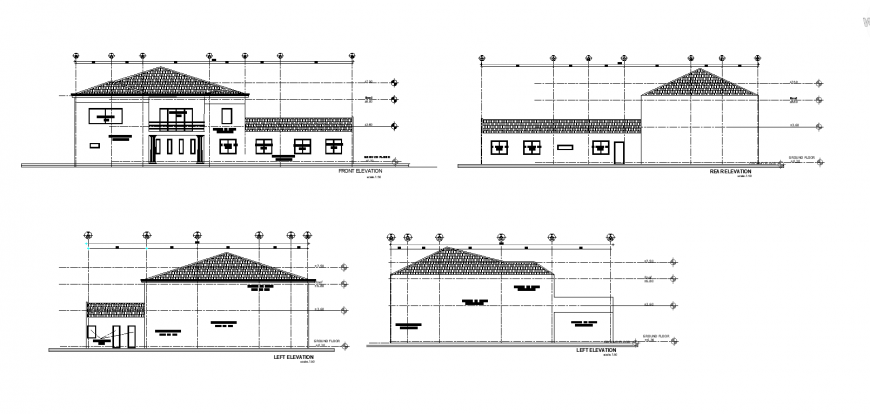 Front rear and left elevation of house design with architecture detail dwg file
