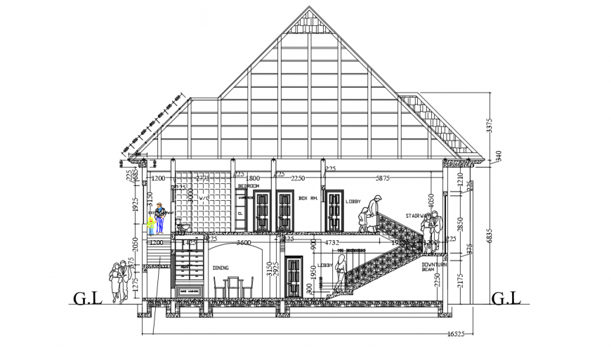 Front section details of luxurious duplex house dwg file