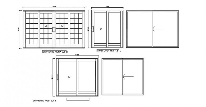 Front sectional detail of a sliding door elevation dwg file