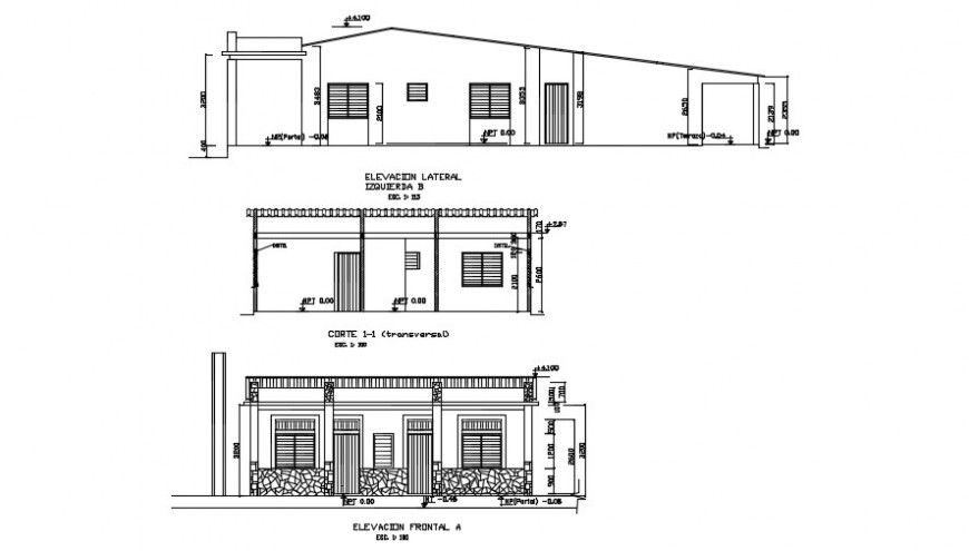 Front sectional details and back view of house 2d detail dwg file