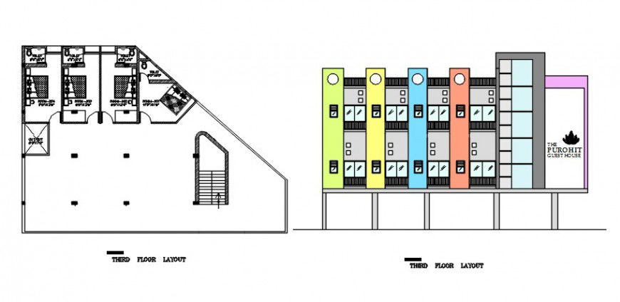 Front sectional elevation detail of a hotel and guest house