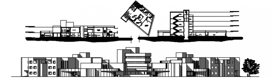 Front sectional elevation of a big hospital with sections dwg file