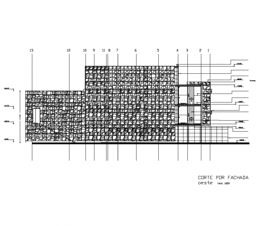 Front sectional view of multi flooring office building dwg file