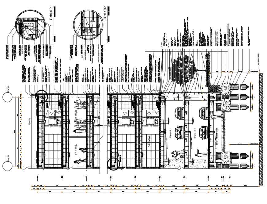 Front sectional view with constructive details of multi story corporate building dwg file