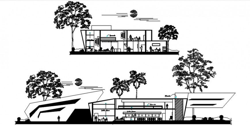 Frontal and back section drawing details of bank office building dwg file