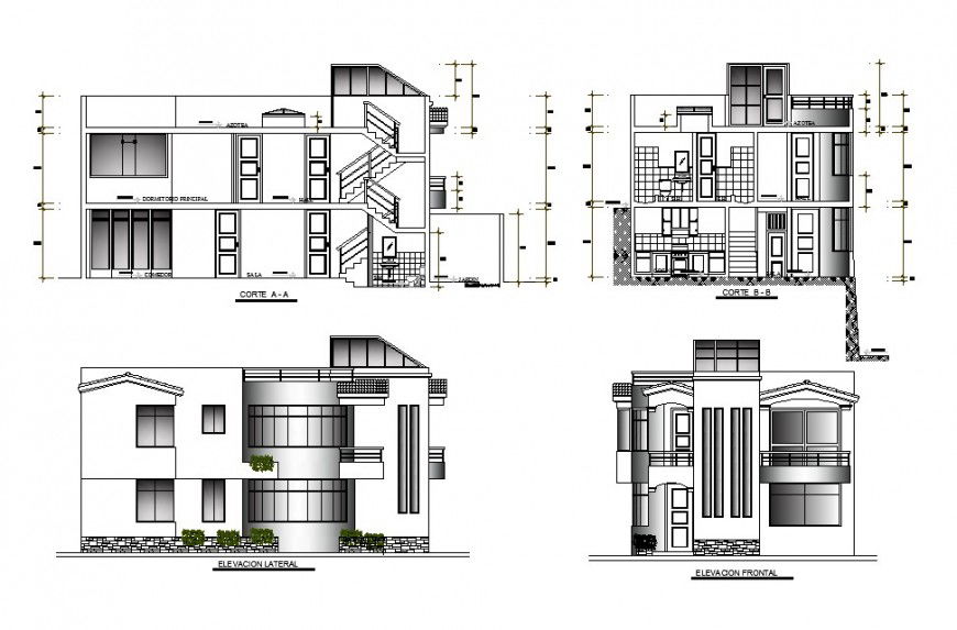 Frontal and lateral elevation and sectional details of housing square dwg file