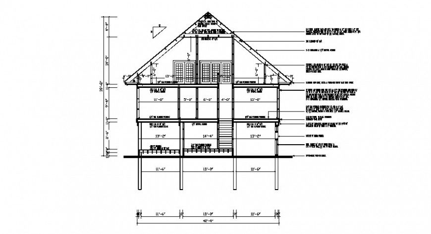 Frontal constructive sectional drawing details of house dwg file