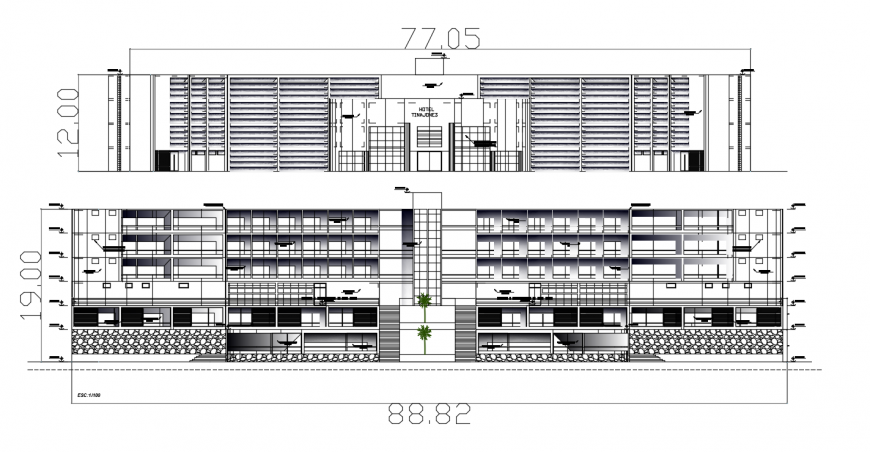 Frontal elevation and section drawing details of five star hotel dwg file