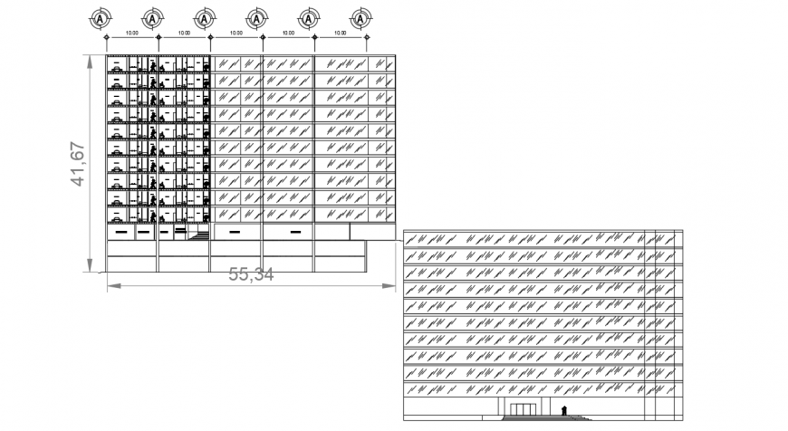 Frontal elevation and section drawing details of fiver star hotel building dwg file