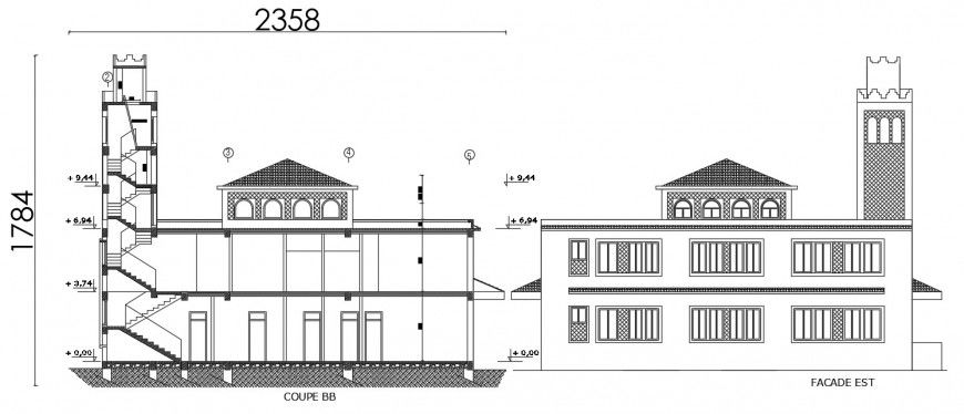 Frontal elevation and section drawing details of mosque dwg file