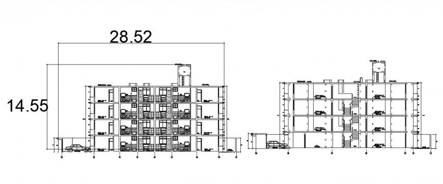 Frontal elevation and section drawing details of multi-family building dwg file