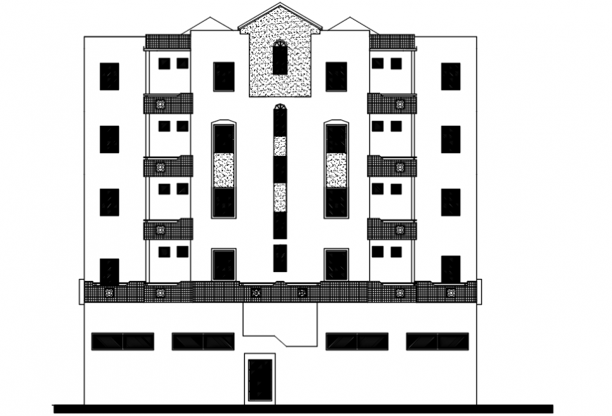 Frontal elevation drawing details of multi-familiar building dwg file