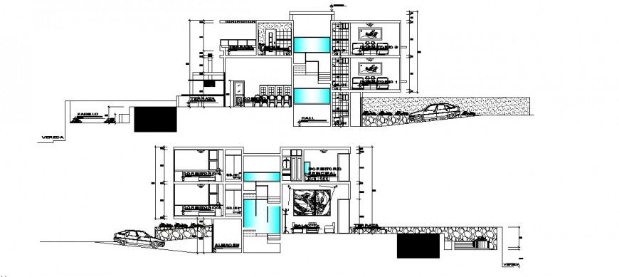Frontal main and back sectional drawing details of modern bungalow dwg file