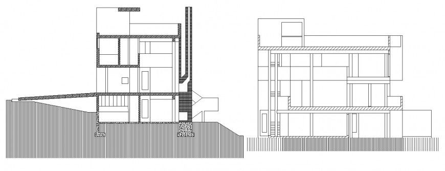 Frontal main and back sectional drawing details of three level house dwg file
