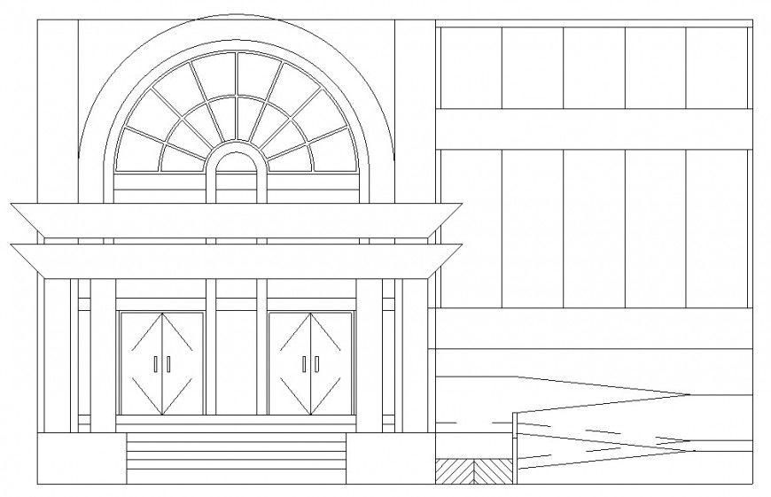 Frontal main elevation details of residential house dwg file