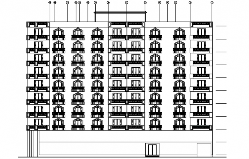 Frontal main elevation drawing details of multi-story apartment building dwg file
