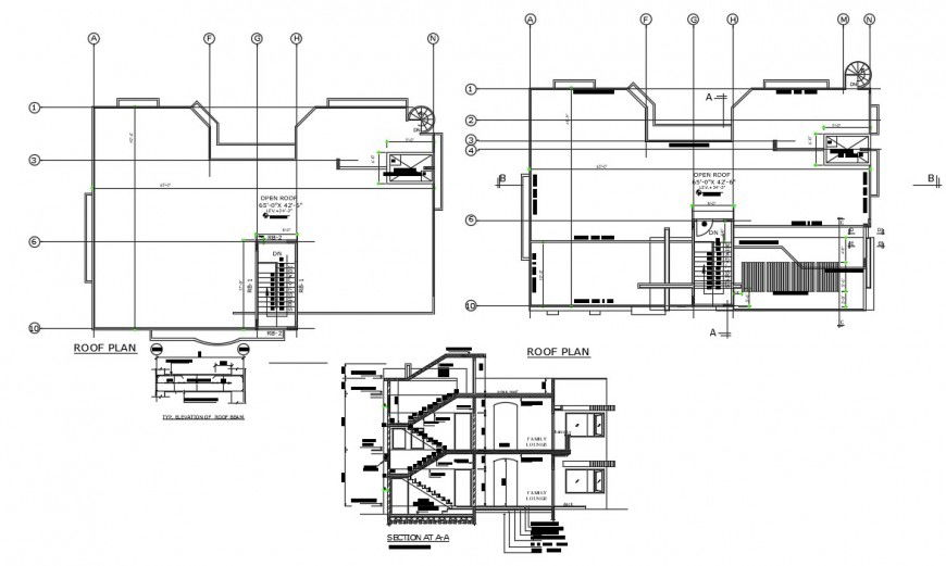 Frontal section, roof plan and structure details for house dwg file