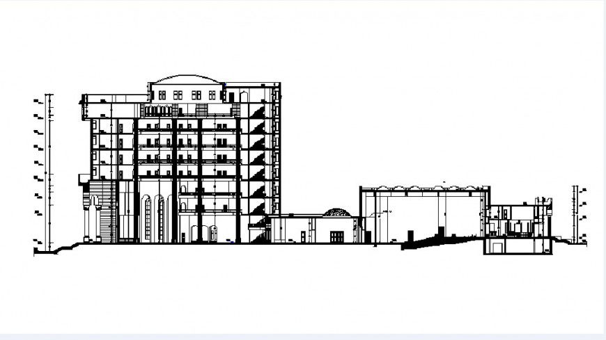 Frontal section drawing details of multi-familiar apartment building dwg file