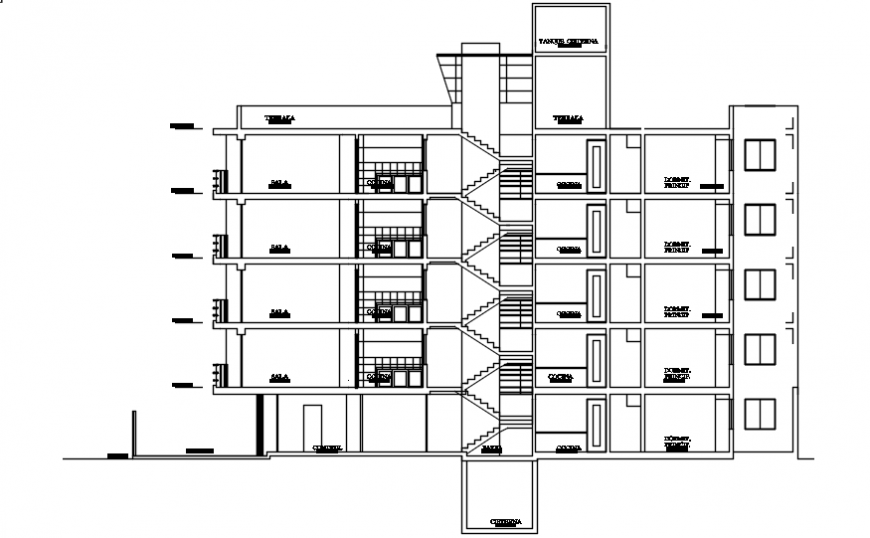 Frontal section drawing details of residential flats building dwg file