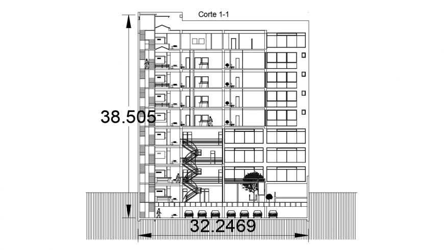 Frontal section drawing details of seven story hospital building dwg file