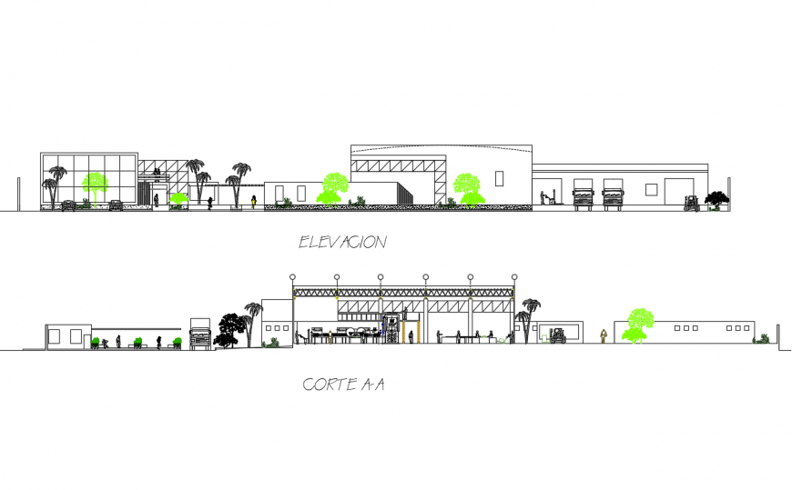 Frugos processing plant facade elevation and sectional details dwg file