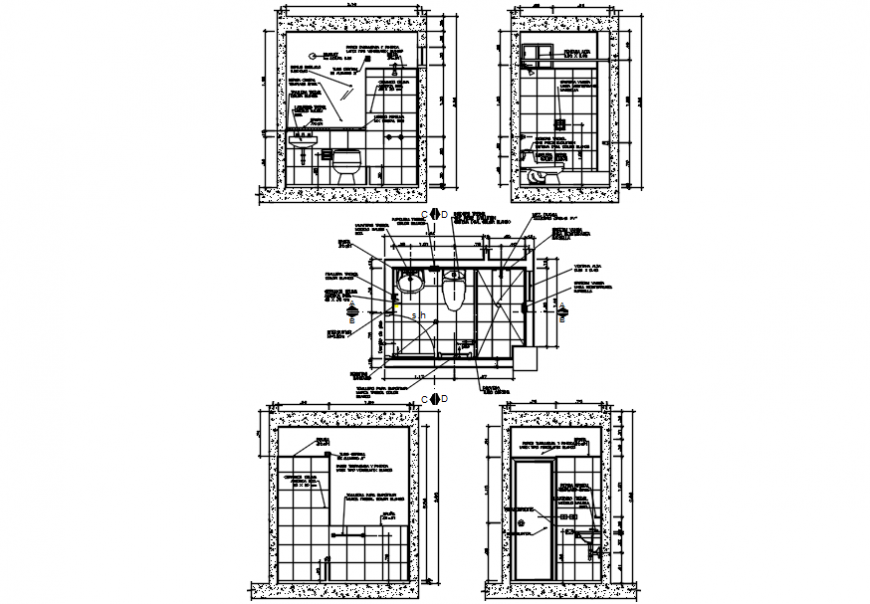 Full bathroom and toilet section, plan and installation cad drawing details dwg file