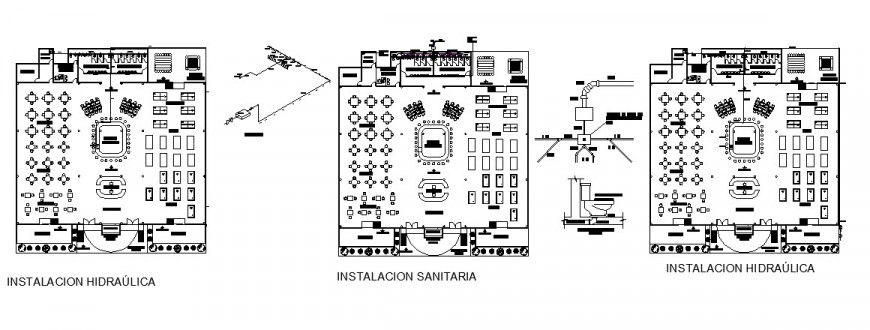 Furnished restaurant building with sanitary installation detail drawing in autocad