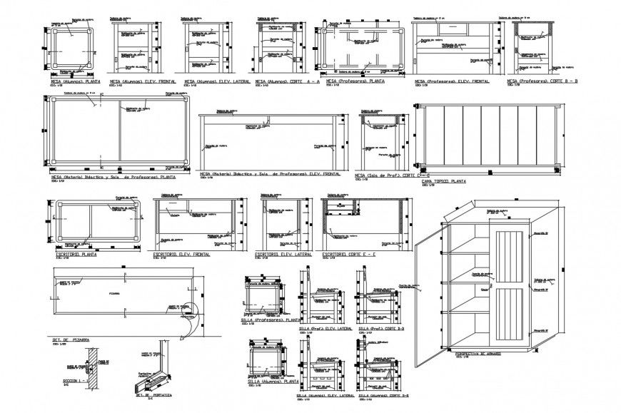 Furniture blocks and carpentry drawing details for college building dwg file
