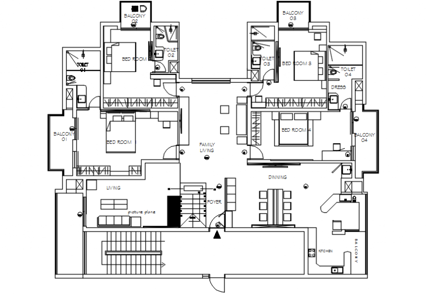 Furniture layout and plan drawing details of one family house dwg file
