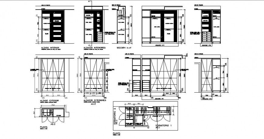 Furniture units of closet detail drawing of plan elevation and sections in autocad