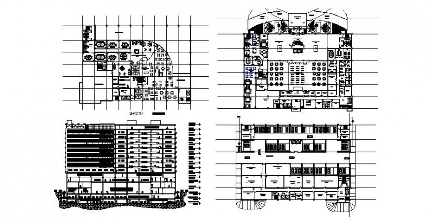 G+13 floor level hotel building detail elevation and plan 2d view autocad format