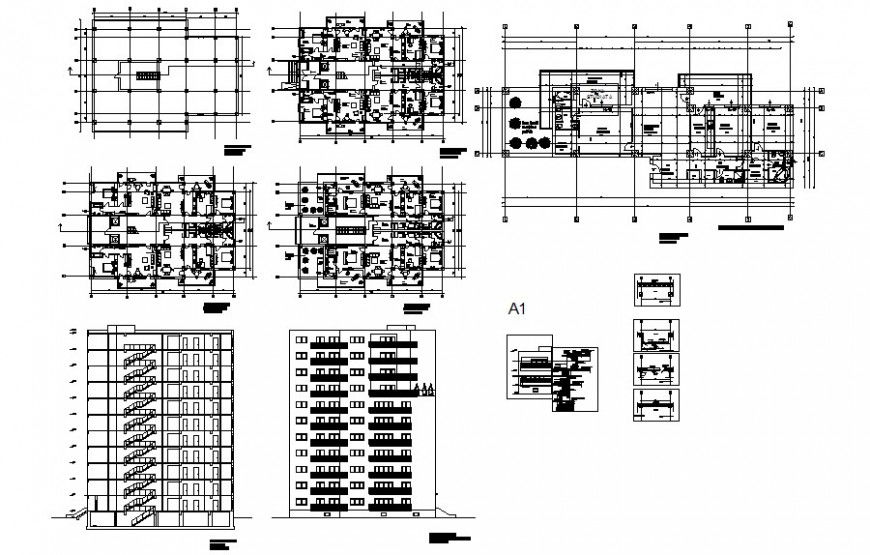 DWG File of G plus 9 Building Elevation Section and Floor Drawings