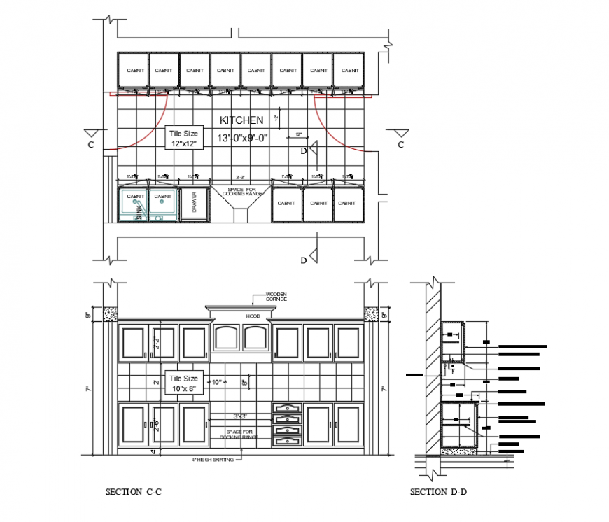 Gallery kitchen plan and section details with interior dwg file