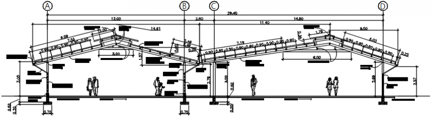 Galvanized metal roof both sided section and constructive structure details dwg file