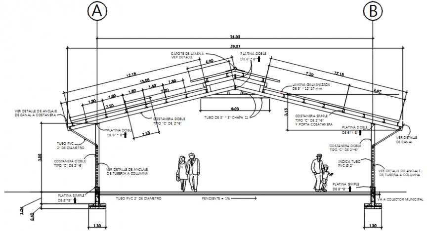 Galvanized metal roof main section and constructive structure details dwg file