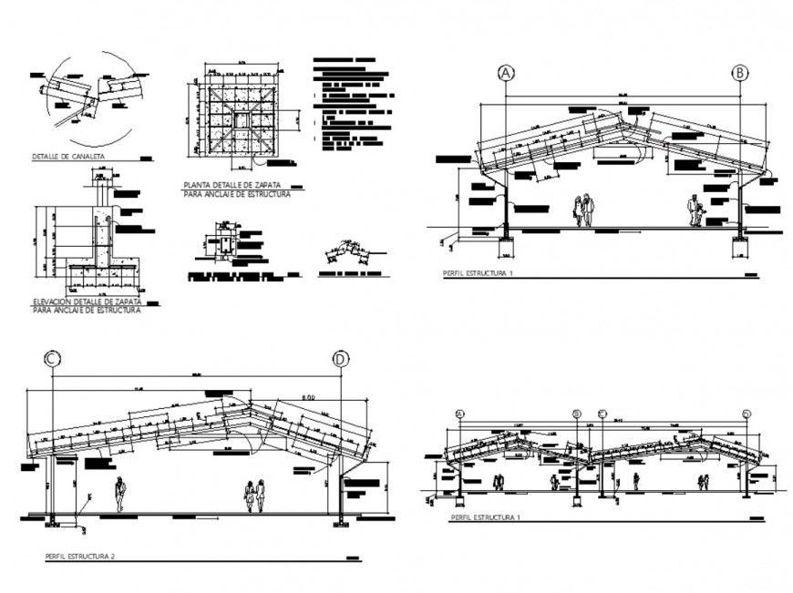 Galvanized roofing metallic structure detail elevation and section 2d view dwg file