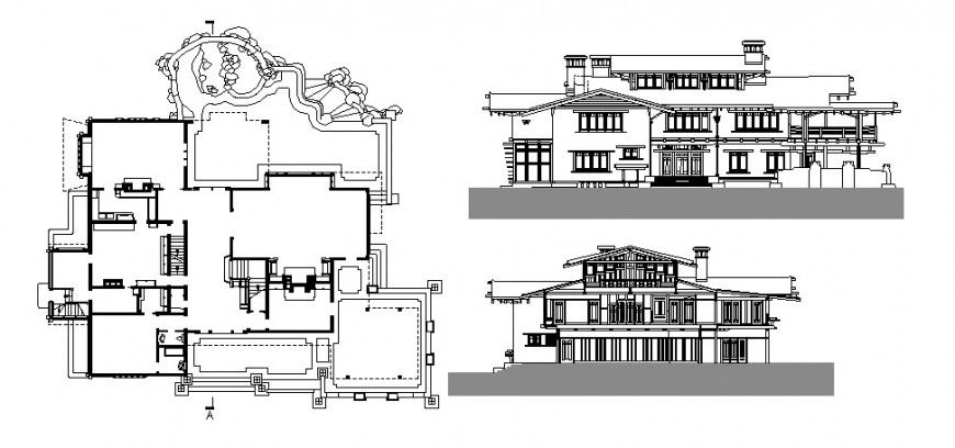 Gamble house main and back elevation and cover plan cad drawing details dwg file