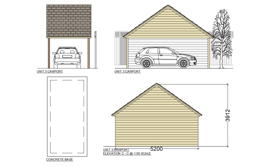 Garage for house elevation, section and plan drawing details dwg file