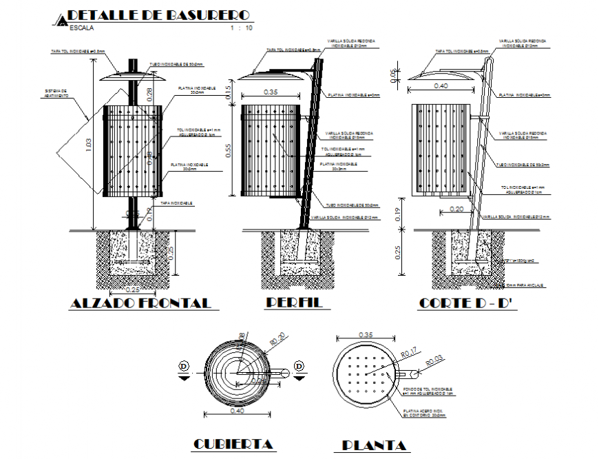 Garbage trash bin elevation, section, plan and auto-cad details dwg file