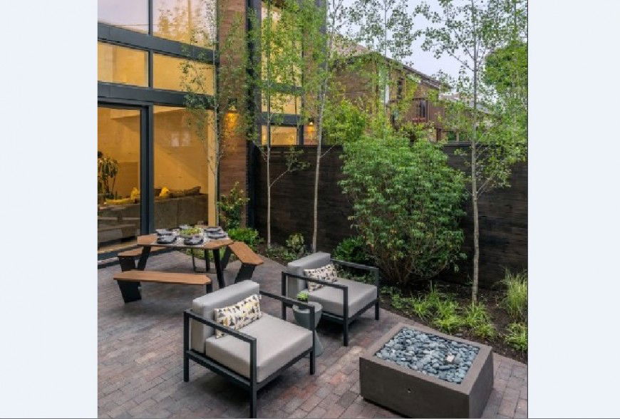 Garden and balcony 3d view with furniture of bungalow jpg file