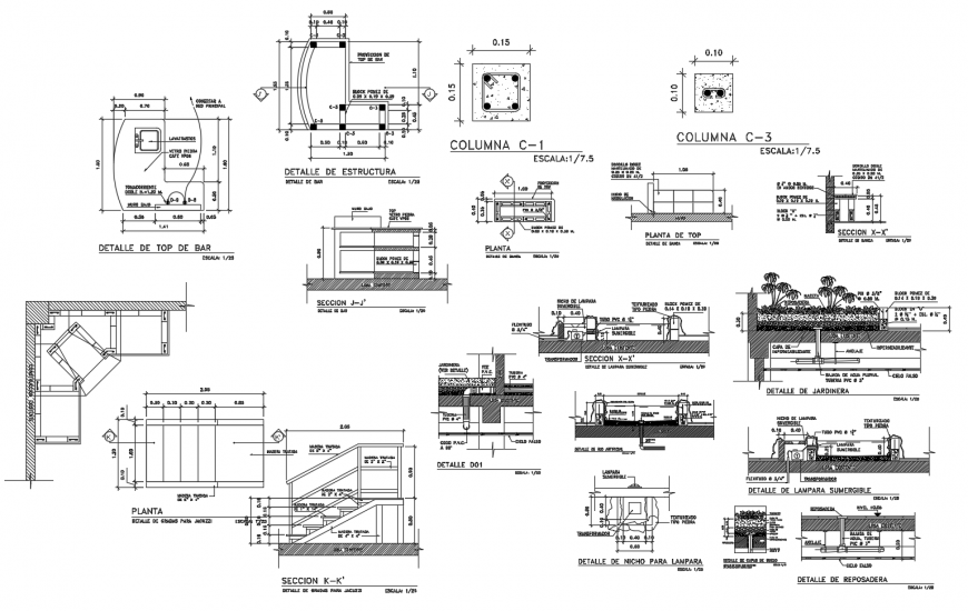 Garden automation, pedestrian side walk and landscaping structure details dwg file
