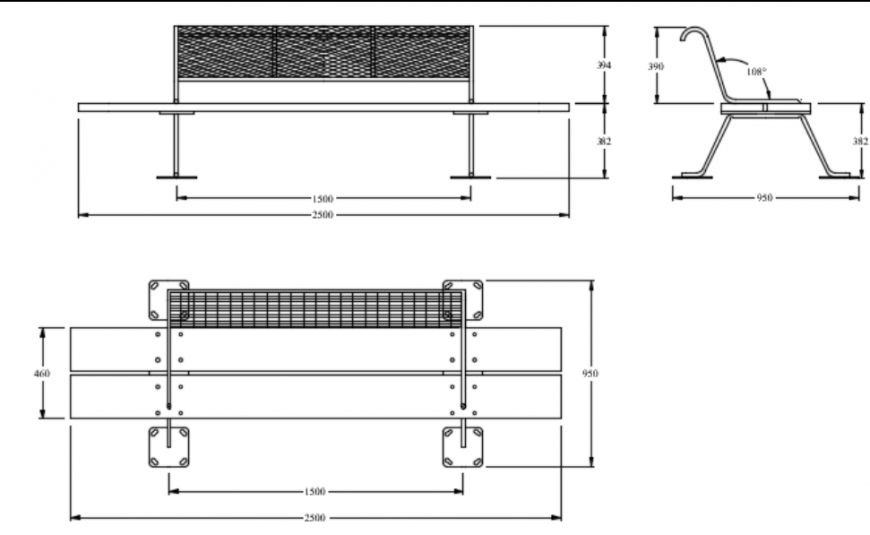Garden Bench Plan and Elevation CAD Drawing in DWG Format