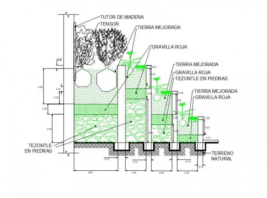 Garden cobble stone structure and landscaping details dwg file