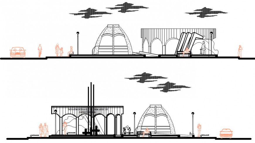 Garden creative main gate elevation and section drawing details dwg file