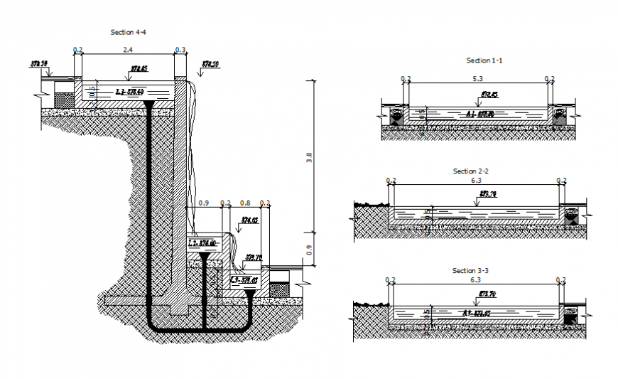 Garden decorative water fall all sided sectional details dwg file