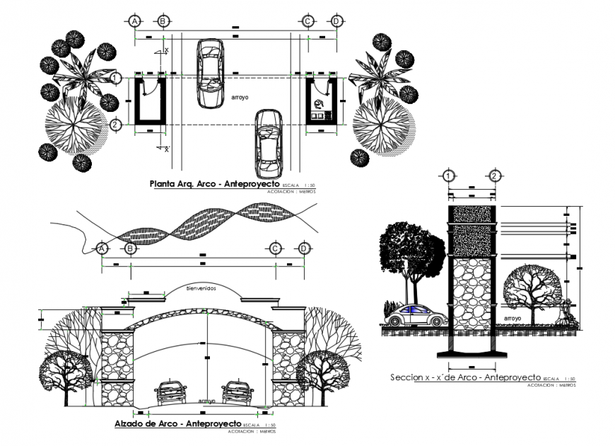 Garden entrance gate elevation, section, plan and auto cad details dwg file
